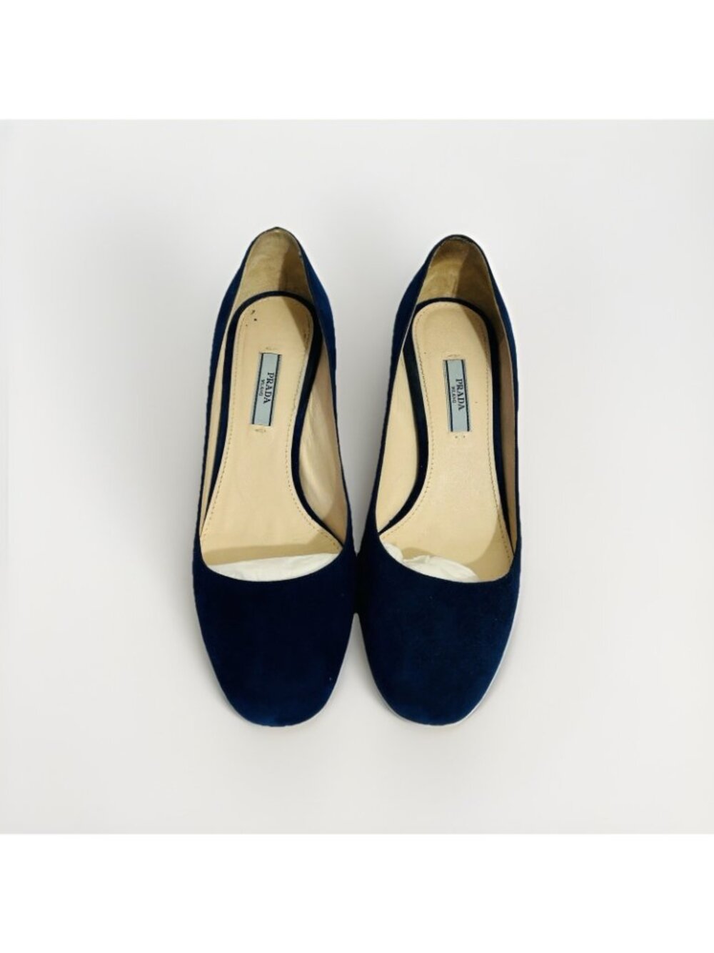 Vtg Prada Pumps Calzature Donna 39/8-8.5 Navy Suede Chunky Mirror Heels In Box